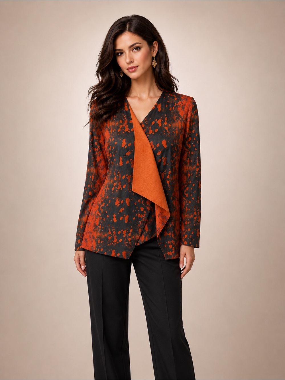 Soft Surroundings Orange and Navy Faux Suede Draped Open-Front Blazer